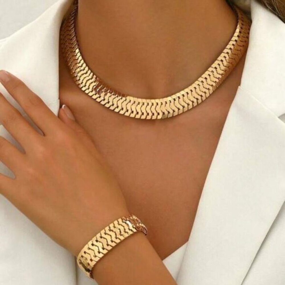 18K Gold over Sterling Silver Flat Link Necklace & Bracelet Set